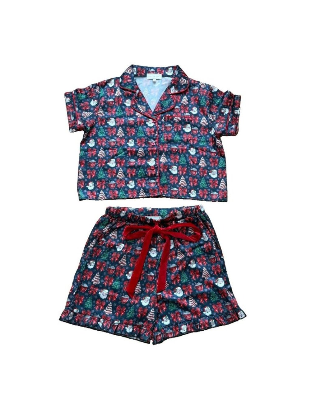 Simply Southern Small Santa Bow Christmas Pajama Set Satin Holiday PJs NWOT